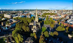 Aerial view of central Bristol in sunny morning, England