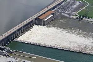 Tennessee River Prints: Aerial view of the Chickamauga dam, looking east. The Tennessee River is at flood stage