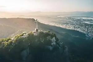 Soccer Stadium Prints: Aerial view of Christ the Redeemer Statue on top of Corcovado Mountain and downtown Rio - Rio de Janeiro