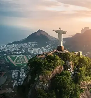 Dois Irmaos Prints: Aerial view of Christ the Redeemer Statue and Corcovado Mountain with Hipodromo da Gavea