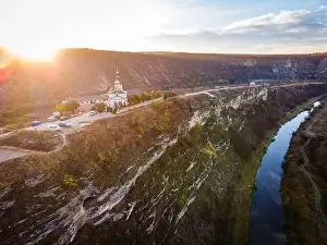 Steady Shot Prints: aerial view of church of Old Orhei in butuceni in moldova during sunset
