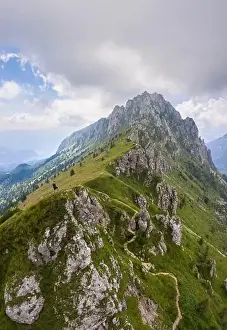 Low Clouds Prints: Aerial view of Cima di Bares, Passo Olone and Valzurio valley at the foothills of Pizzo della Presolana