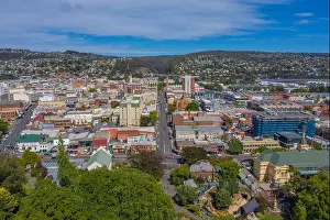 Tasmania Prints: Aerial view of the city center of Launceston, Australia