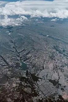 Aerial view city landscape. Middle East village airplane view