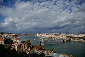 Budapest Prints: Aerial view of city skyline and Szechenyi Chain Bridge, Budapest, Hungary