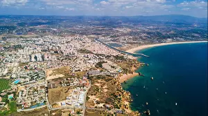 Blue City Prints: Aerial view of cliffs and beach near Lagos city in Algarve coast at Portugal