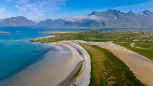 Horizon Hills Prints: Aerial View of a Coastal Landscape in Norway, Kolbeinsanden Beach, Lofoten