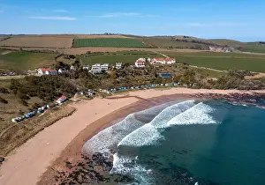 Beach Huts Prints: Aerial view of Coldingham bay, Berwickshire, Scotland, Uk