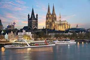 Aerial view Cologne over the Rhine River with cruise ship in Cologne, Germany