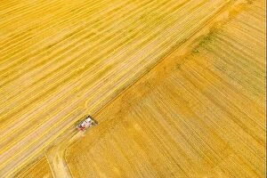 Aerial Landscape Collection: Aerial View Combine Harvester Working In Field. Harvesting Of Wheat In Summer Season