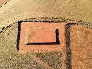 Land Lot Prints: Aerial view of construction in the field of water reserve for irrigation