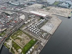 Aerial view of Container ship loading and unloading in deep sea port