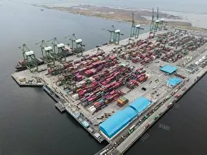 Aerial view of Container ship loading and unloading in deep sea port