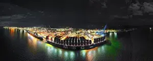 Container Ship Prints: An aerial view of a container ship at the Port of Felixstowe in Suffolk, UK