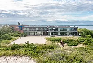 Bedrooms Prints: Aerial view of a contemporary home at 1085 Flying Point Road, Water Mill, NY