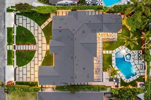 Upscale Prints: An aerial view of a contemporary new build residence in Los Angeles