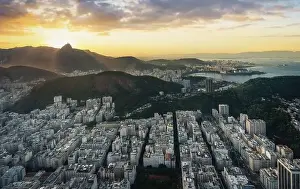 Carioca Prints: Aerial view of Copacabana at sunset with Corcovado Mountain - Rio de Janeiro, Brazil