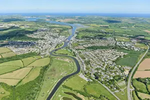 Cornwall Prints: An aerial view of the Cornwall town of Wadebridge and the River Camel