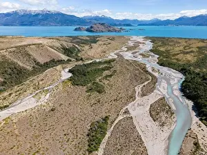 Carretera Austral Prints: Aerial View of a creek flowing to the beautiful Lago General Carrera in southern Chile - Traveling the Carretera
