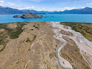 Carretera Austral Prints: Aerial View of a creek flowing to the beautiful Lago General Carrera in southern Chile - Traveling the Carretera