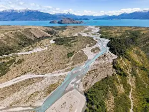 Carretera Austral Prints: Aerial View of a creek flowing to the beautiful Lago General Carrera in southern Chile - Traveling the Carretera