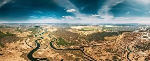 Images Dated 23rd April 2020: Aerial View Curved River In Early Spring Landscape. Top View Of Beautiful European Nature From