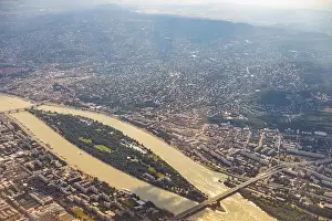 Murky Prints: Aerial view of Danube river in Budapest, Hungary