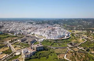 Aerial view of the dazzling white buildings clustered together