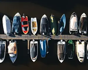 Topdown Prints: Aerial, top down view of docked boats in a harbour