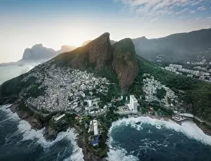Slum Prints: Aerial view of Dois Irmaos Mountain (Morro Dois Irmaos) with Vidigal Favela - Rio de Janeiro