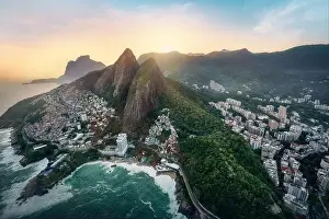 Aerial view of Dois Irmaos Mountain (Morro Dois Irmaos) with Vidigal and Leblon at sunset - Rio de Janeiro, Brazil