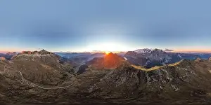 Cortina Prints: Aerial view of the Dolomites mountain range and Lake Fedaia during dawn