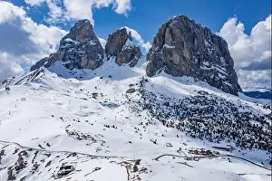 Panorama Peak Prints: Aerial view of the Dolomites snow-covered mountains in Italy at sunny day