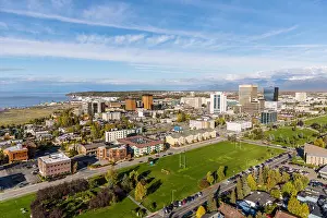 South Central Alaska Prints: Aerial View Of Downtown Anchorage And The Delaney Park Strip, Southcentral Alaska, USA