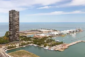 An aerial view of downtown Chicago's Navy Pier towards Lake Michigan