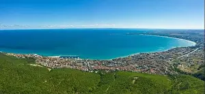 Aerial view of drone to a bay of sea resorts Sveti Vlas, Sunny Beach and Nessebar on the Bulgarian Black Sea coast