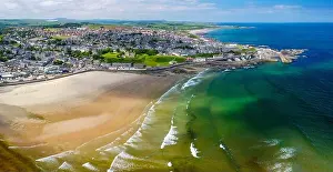 Seafront Prints: Aerial view from drone of beach and coastline at Banff on Moray Firth coast in Aberdeenshire