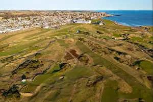 Scotland Prints: Aerial view from drone of Carnoustie Golf Links golf course in Carnoustie