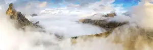 Belluno Prints: Aerial view by drone of fog over Ra Gusela and Lastoi De Formin in autumn