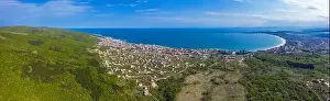 Nessebar Prints: Aerial view of drone to sea resort Sunny Beach on the Bulgarian Black Sea coast