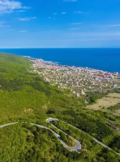 Nessebar Prints: Aerial view of drone to sea resort Sunny Beach on the Bulgarian Black Sea coast