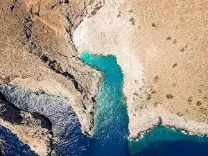 Water Tourism Prints: Aerial top view by drone of Seitan limania or Agiou Stefanou beach with turquoise water in Chania