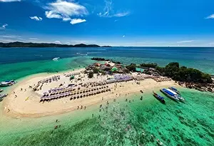 Travel Background Prints: Aerial view drone shot of Amazing small island beautiful tropical sandy beach landscape view at koh Khai maew Island