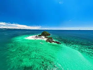 Travel Background Prints: Aerial view drone shot of Amazing small island beautiful tropical sandy beach landscape view at koh Khai maew Island