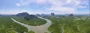 Aerial view drone shot of beautiful nature landscape forest in the morning Drone flying over sea