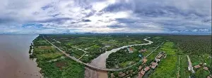 Aerial view drone shot Top down of Green forest and lake beautiful wilderness nature scenery for background