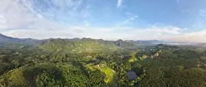 Ozone Prints: Aerial view drone shot of panorama abundant rainforest landscape nature mountains view