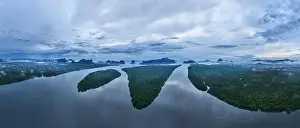 Hight Prints: Aerial view drone shot of panorama abundant rainforest mangrove forest trees landscape nature mountains view