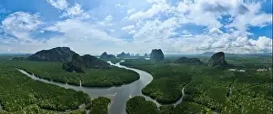 Hight Prints: Aerial view drone shot of panorama abundant rainforest mangrove forest trees landscape nature mountains view