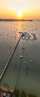 Speedboat Prints: Aerial View Drone shot of Yacht and sailboat parking in marina